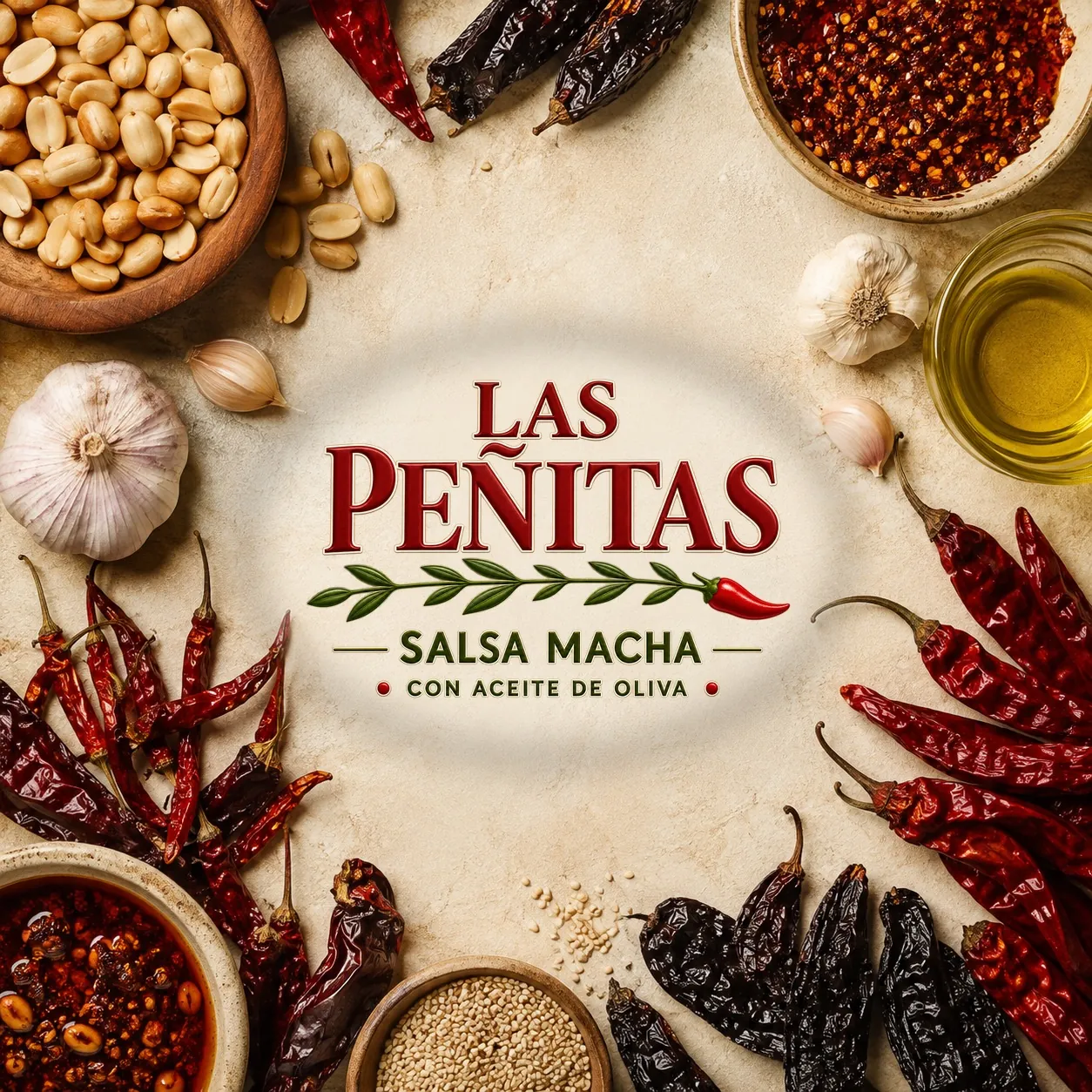Portada de la salsa macha Clásica con chiles secos, cacahuate, ajonjolí y aceite de oliva