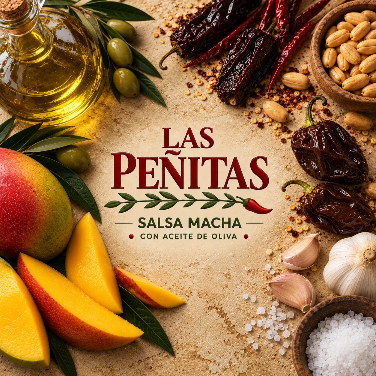 Portada de la salsa macha Mango-Habanero con mango y chile habanero rojo